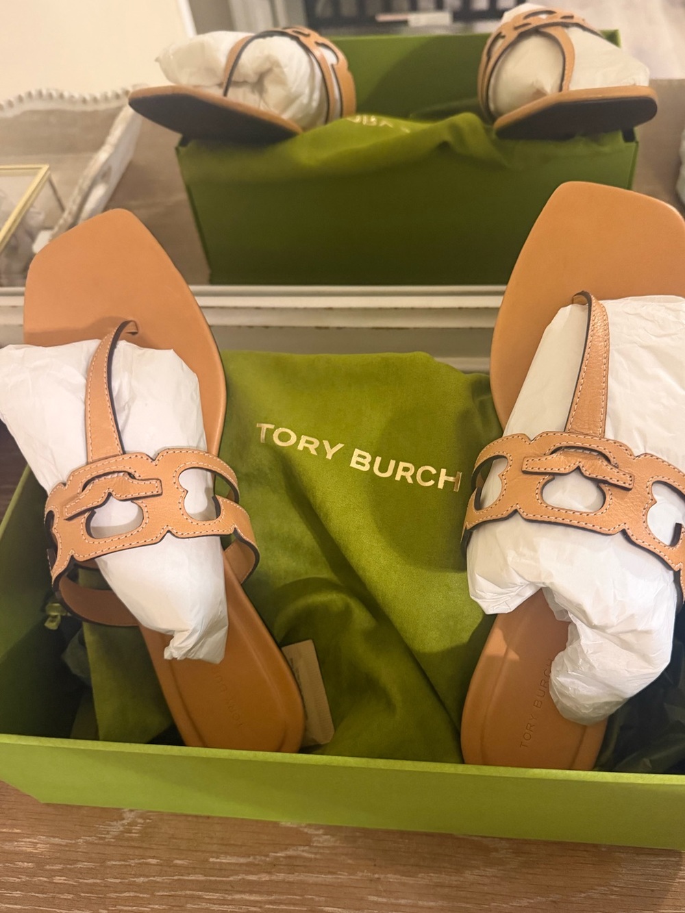 Tory Burch Tan Leather Logo Slide Sandals